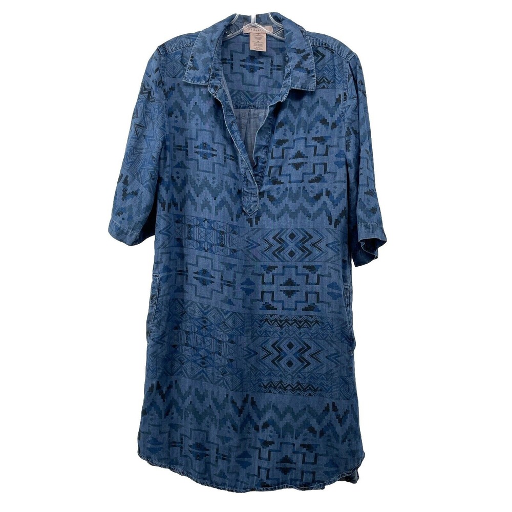 Philosophy Tunic Dress Women's Medium Boho Western Aztec Denim Chambray Pockets - Picture 4 of 10
